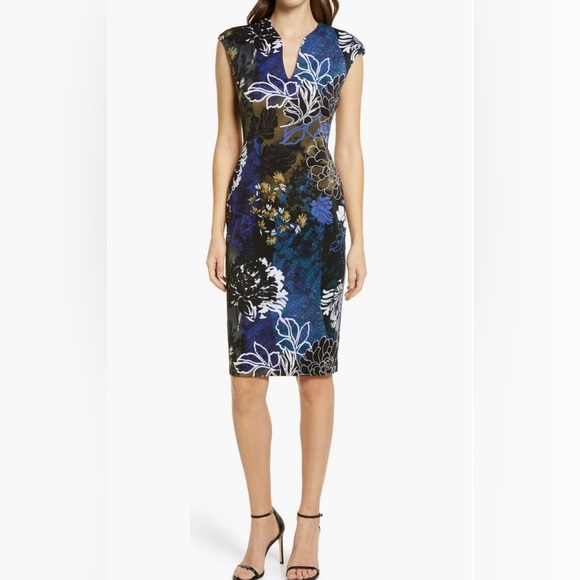 Connected Apparel Periwinkle Floral Comfy Sheath Work Dress - Picture 9 of 11
